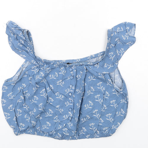 New Look Womens Blue Floral Viscose Cropped Blouse Size 14 Scoop Neck