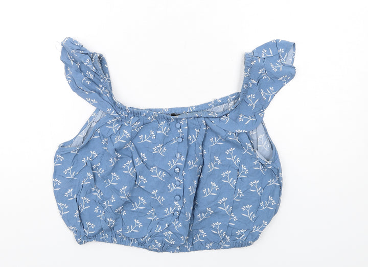 New Look Womens Blue Floral Viscose Cropped Blouse Size 14 Scoop Neck