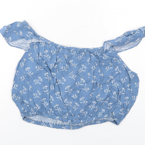 New Look Womens Blue Floral Viscose Cropped Blouse Size 14 Scoop Neck