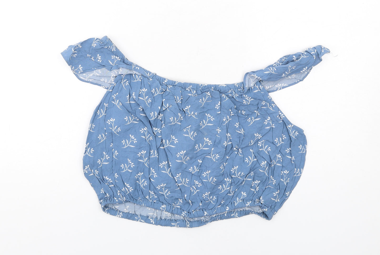 New Look Womens Blue Floral Viscose Cropped Blouse Size 14 Scoop Neck