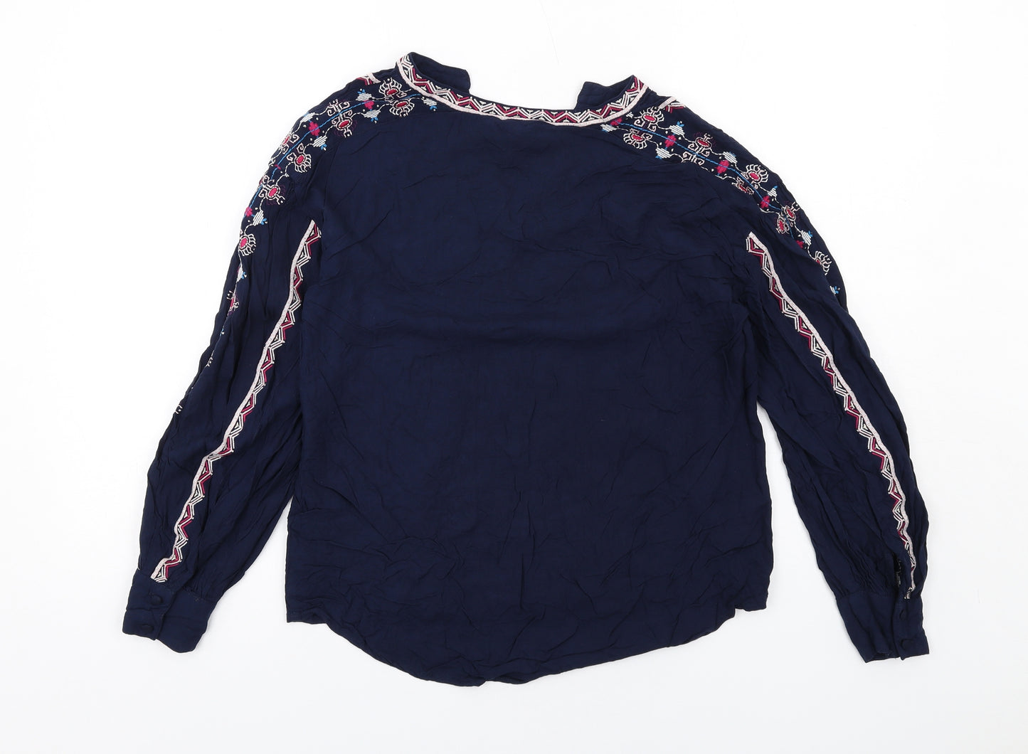 Monsoon Womens Blue Geometric Viscose Basic Blouse Size S V-Neck