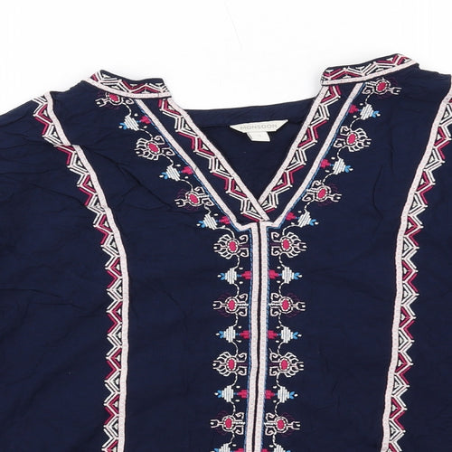 Monsoon Womens Blue Geometric Viscose Basic Blouse Size S V-Neck