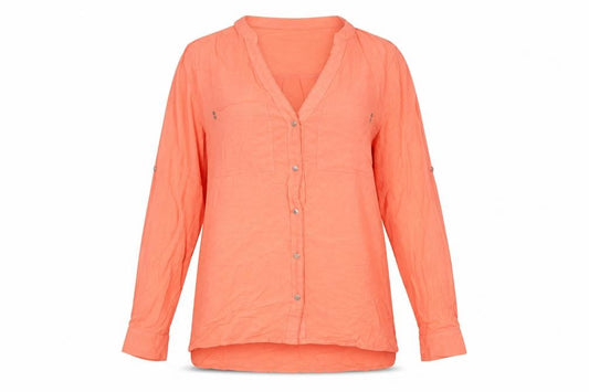 Front view of Oasis women’s orange viscose basic button-up, size UK 10, v-neck