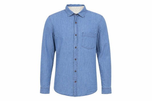 Front view of Threadbare men’s blue cotton button-up, size S, collared button