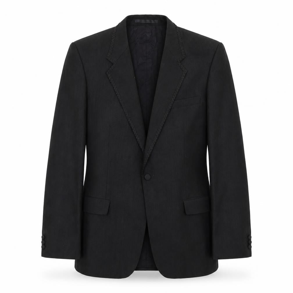 Front view of Steegan men’s black polyester jacket suit jacket, size 42, regular - trimmed lapel