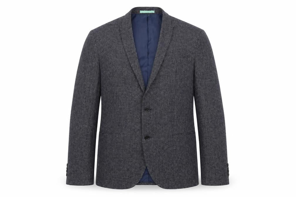 Front view of River Island men’s black cotton jacket blazer, size 44, regular
