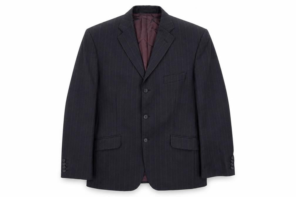 Front view of Marks & Spencer men’s blue striped wool jacket suit jacket, size 40, regular