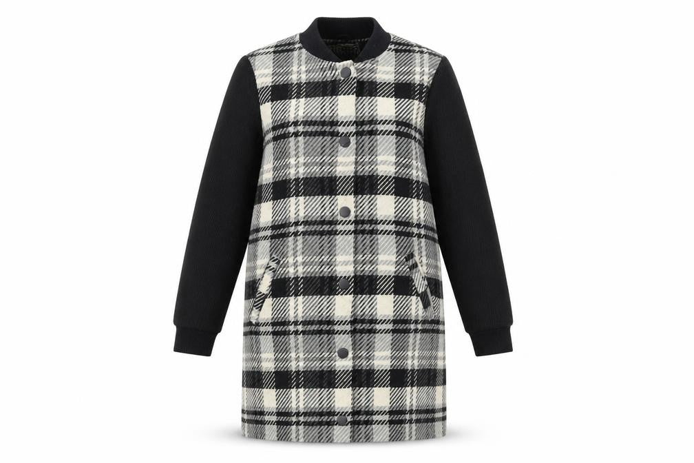 Front view of Principles women’s black plaid overcoat coat, size UK 8, snap