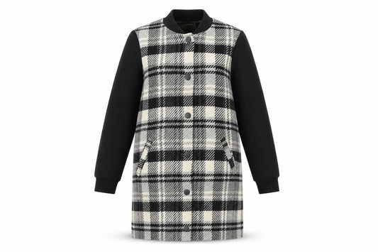 Front view of Principles women’s black plaid overcoat coat, size UK 8, snap