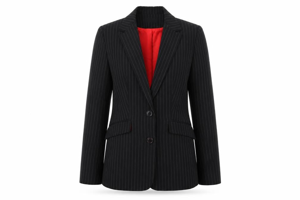 Front view of Sinéquanone women’s black striped polyester jacket blazer, size UK 10