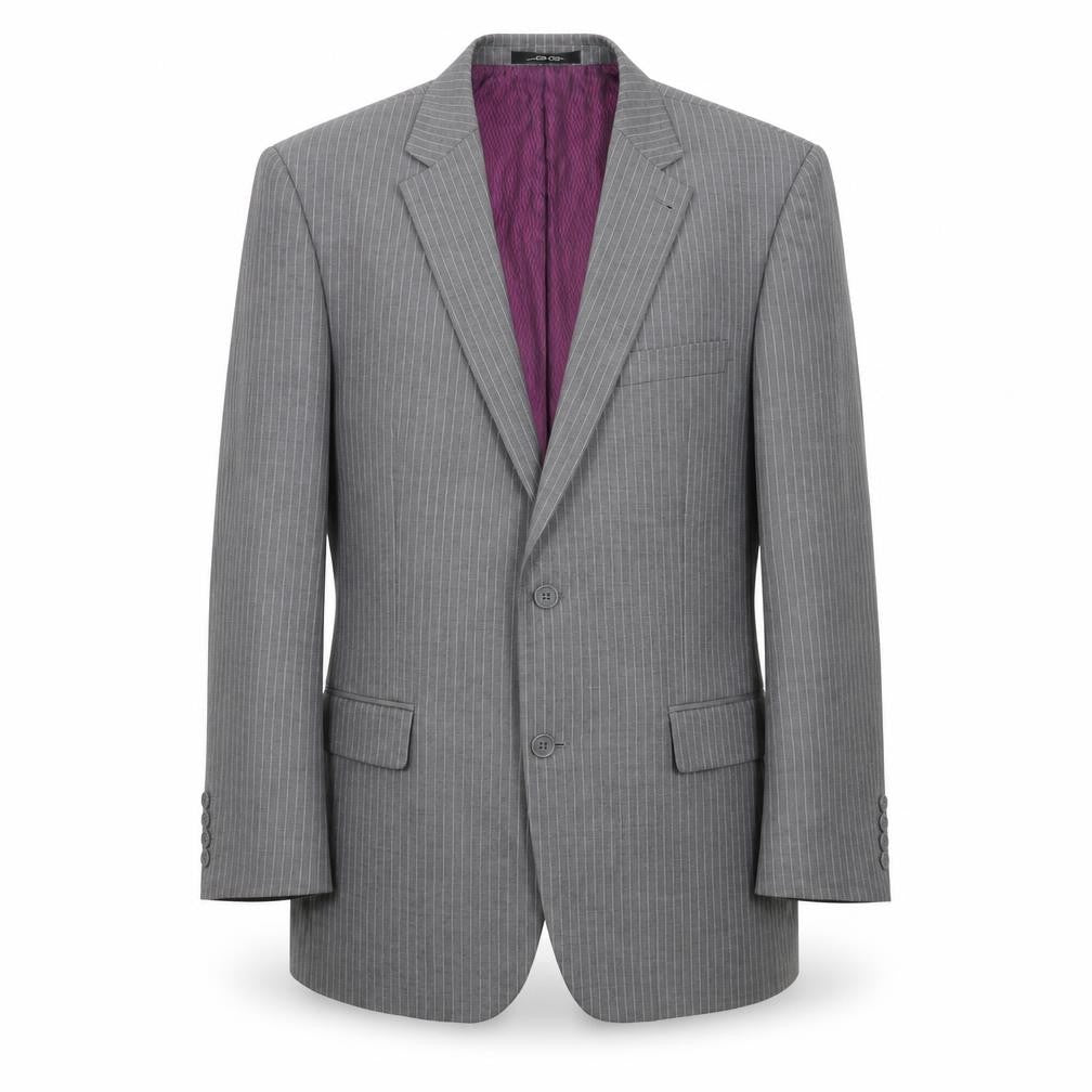 Front view of Skopes men’s grey striped wool jacket suit jacket, size 42, regular
