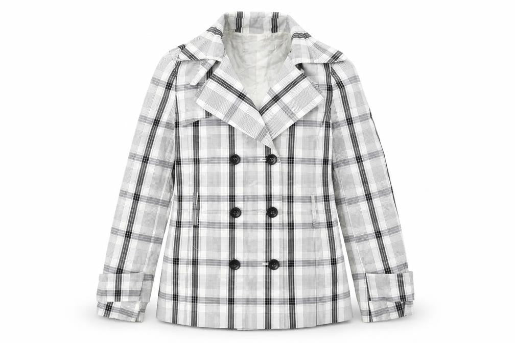 Front view of Zara women’s white plaid jacket blazer, size L, button