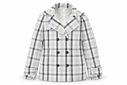 Front view of Zara women’s white plaid jacket blazer, size L, button