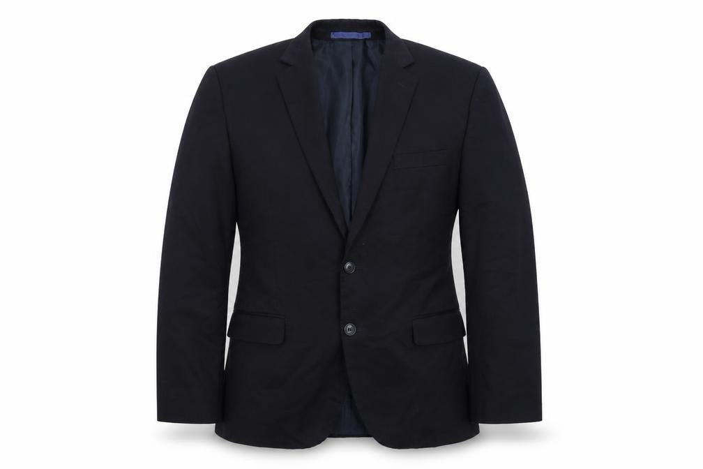 Front view of Marks & Spencer men’s blue polyester jacket suit jacket, size 42, regular