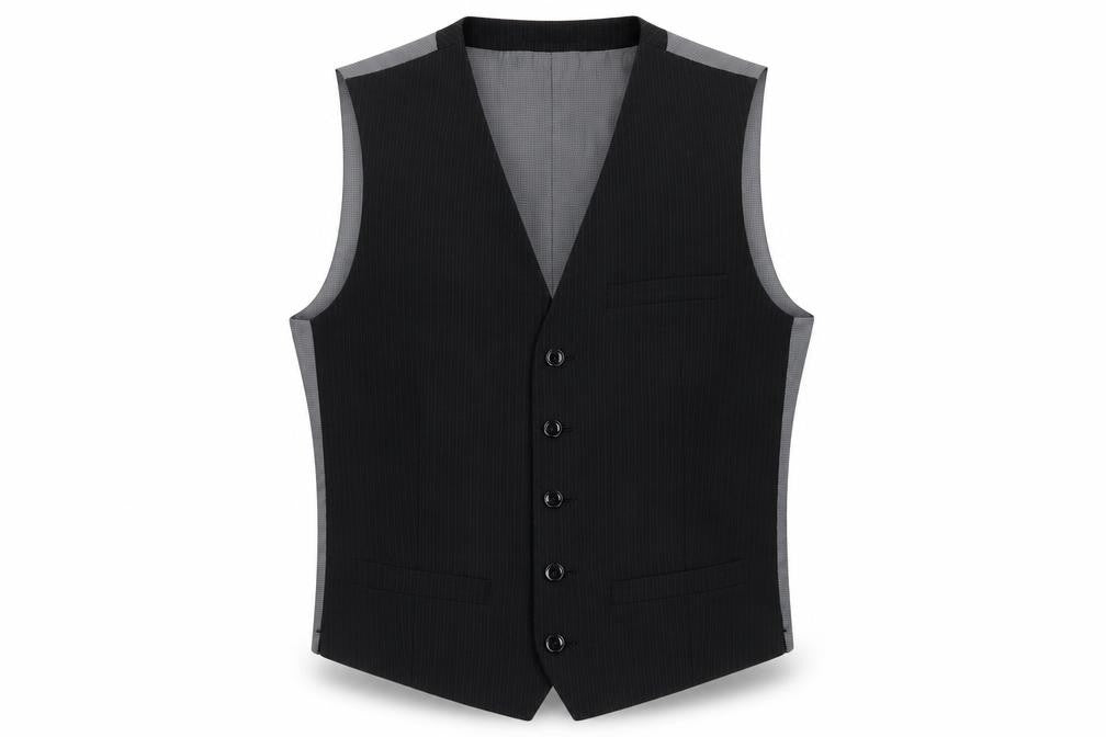 Front view of Marks & Spencer men’s grey polyester jacket suit waistcoat, size S, regular