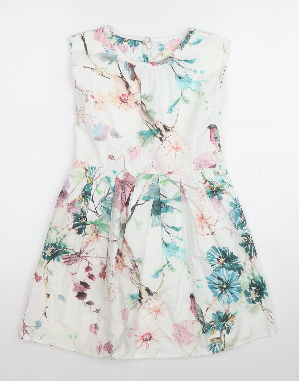 NEXT Girls Multicoloured Geometric Cotton Skater Dress Size 8 Years Round Neck Zip - Floral Bird Print
