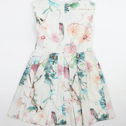 NEXT Girls Multicoloured Geometric Cotton Skater Dress Size 8 Years Round Neck Zip - Floral Bird Print