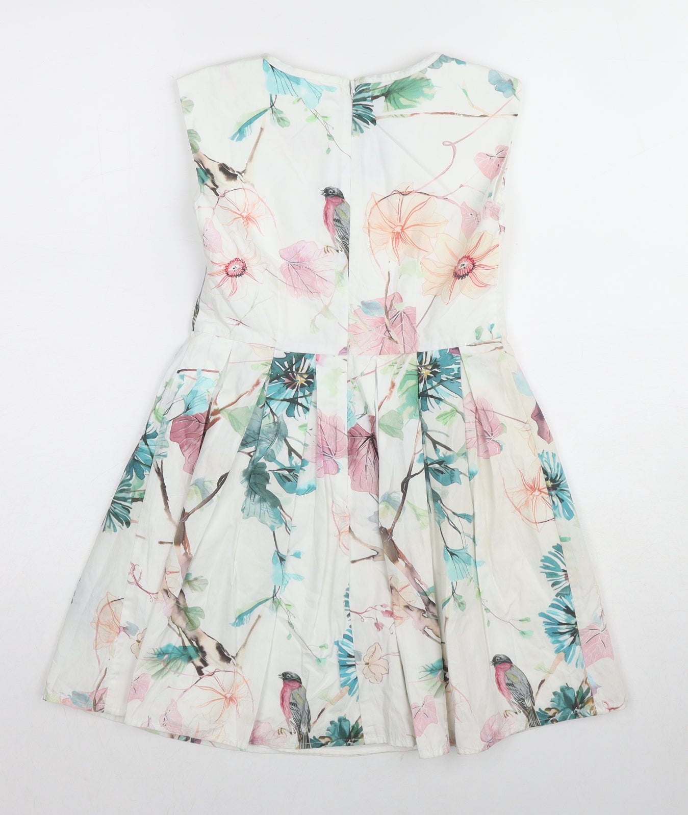 NEXT Girls Multicoloured Geometric Cotton Skater Dress Size 8 Years Round Neck Zip - Floral Bird Print