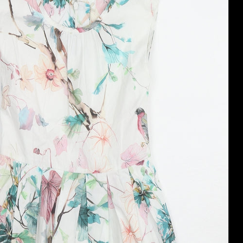 NEXT Girls Multicoloured Geometric Cotton Skater Dress Size 8 Years Round Neck Zip - Floral Bird Print