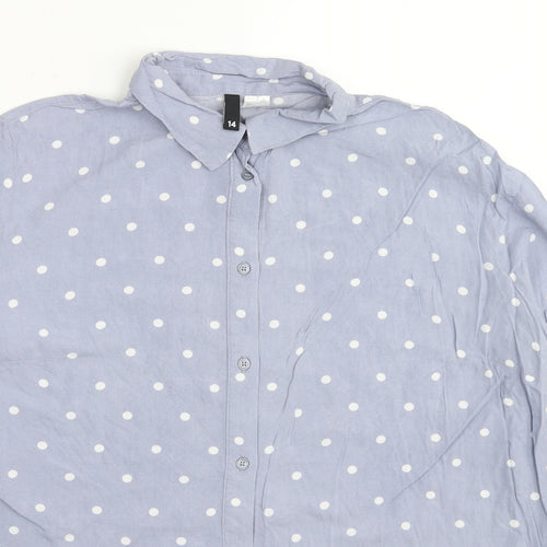 H&M Womens Blue Polka Dot Viscose Basic Button-Up Size 12 Collared