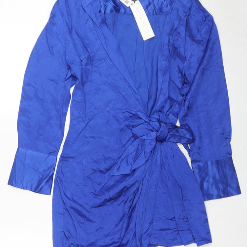 Zara Womens Blue Viscose Wrap Dress Size M Collared Tie