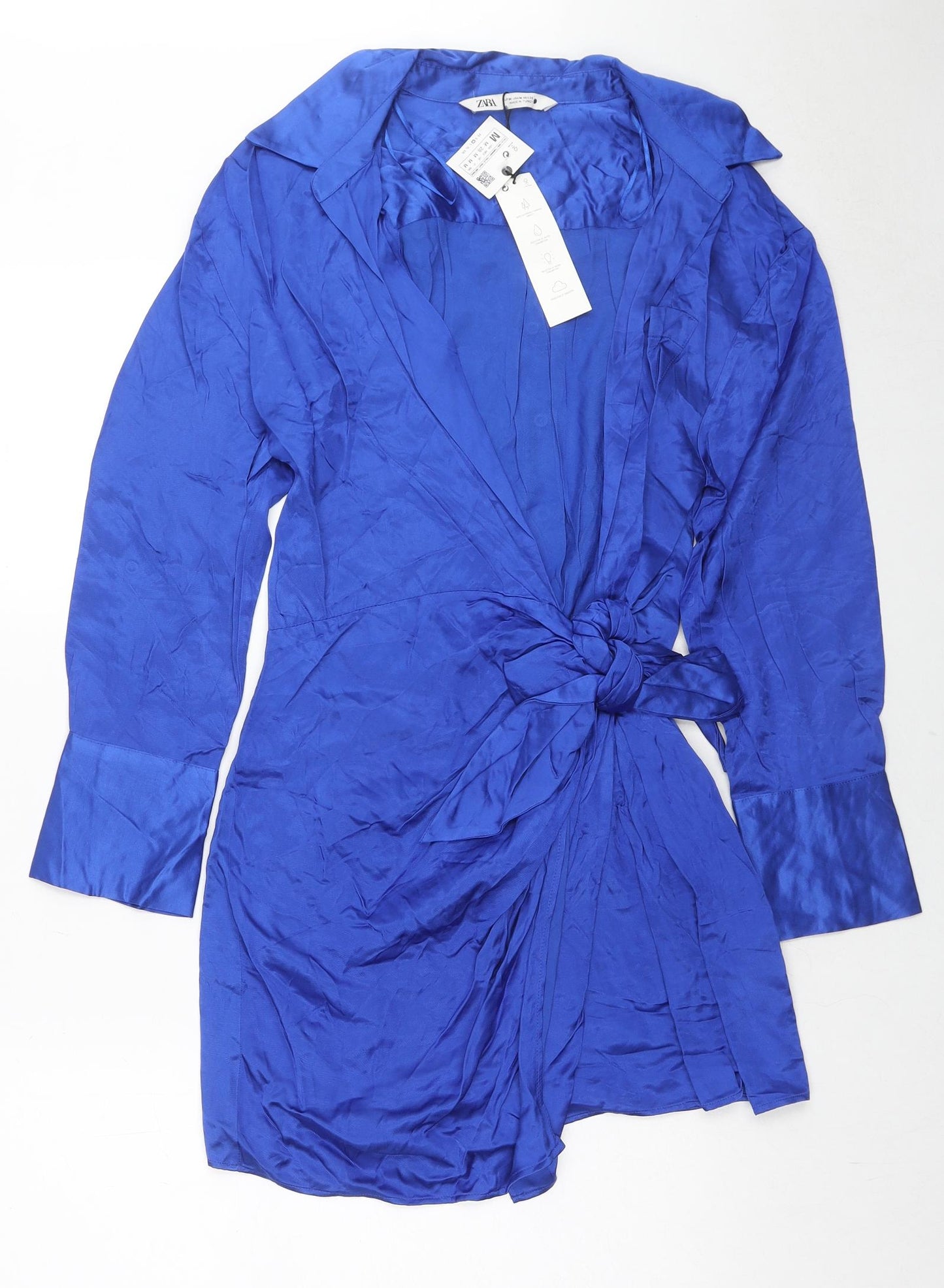 Zara Womens Blue Viscose Wrap Dress Size M Collared Tie