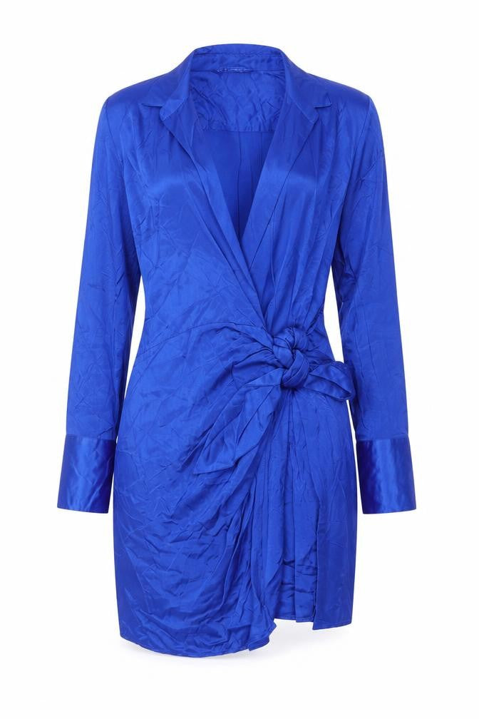 Front view of Zara women’s blue viscose wrap dress, size M, collared tie
