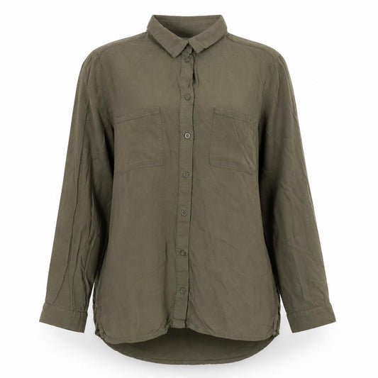 Front view of H&M women’s green viscose basic button-up, size UK 6, collared