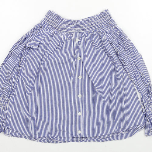 River Island Girls Blue Pinstripe Cotton Basic Blouse Size 8 Years Off the Shoulder Pullover