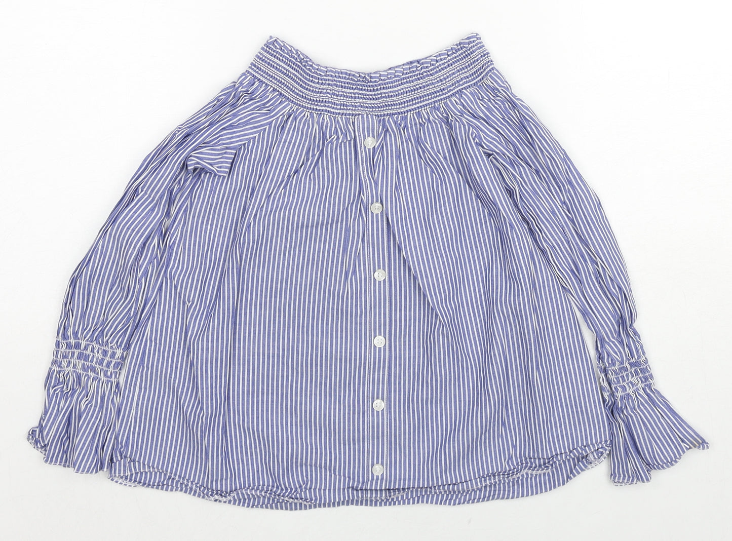 River Island Girls Blue Pinstripe Cotton Basic Blouse Size 8 Years Off the Shoulder Pullover