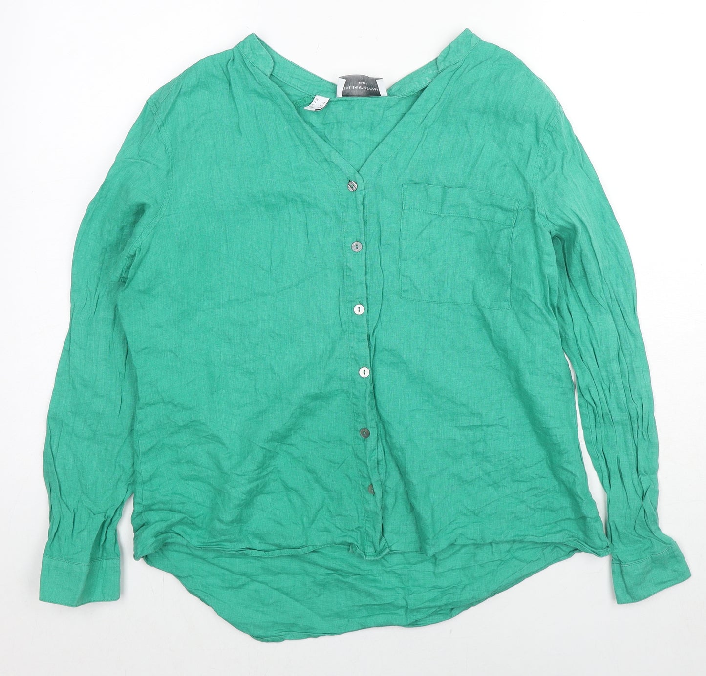 The White Company Womens Green Linen Basic Button-Up Size 12 V-Neck