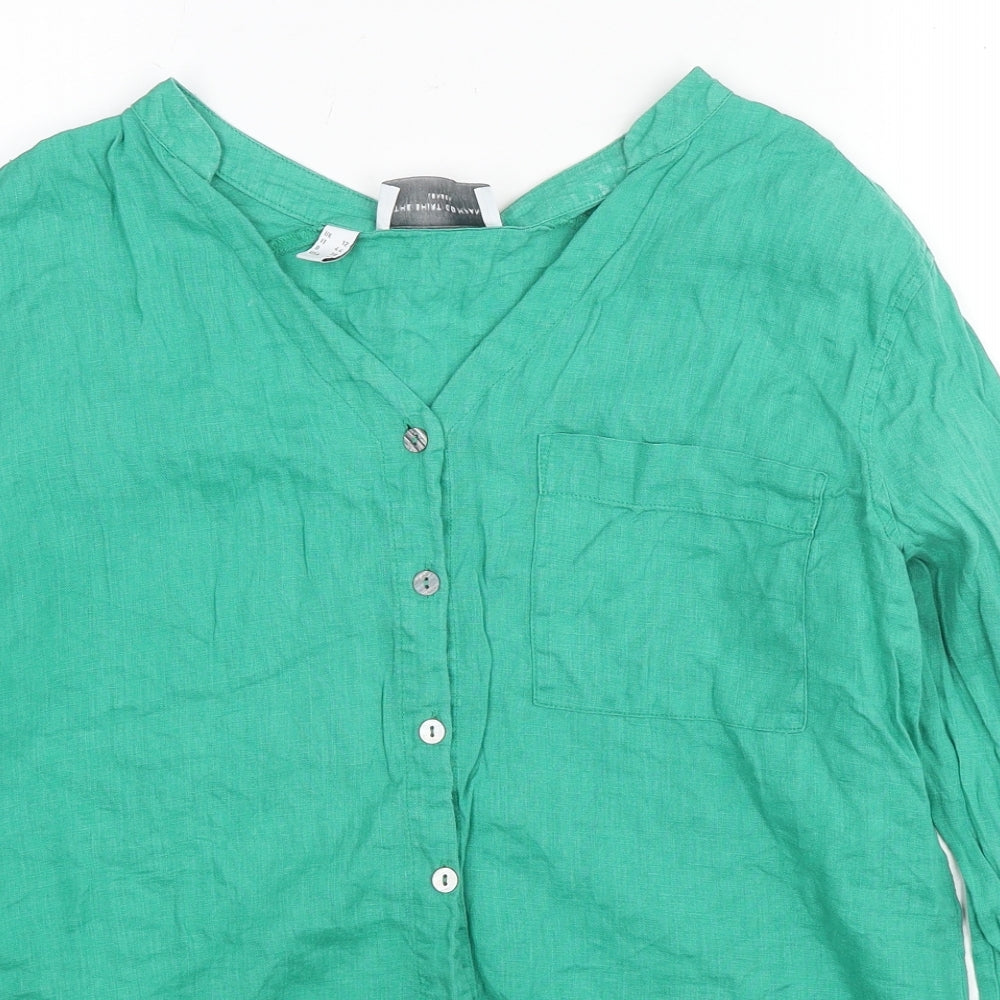 The White Company Womens Green Linen Basic Button-Up Size 12 V-Neck