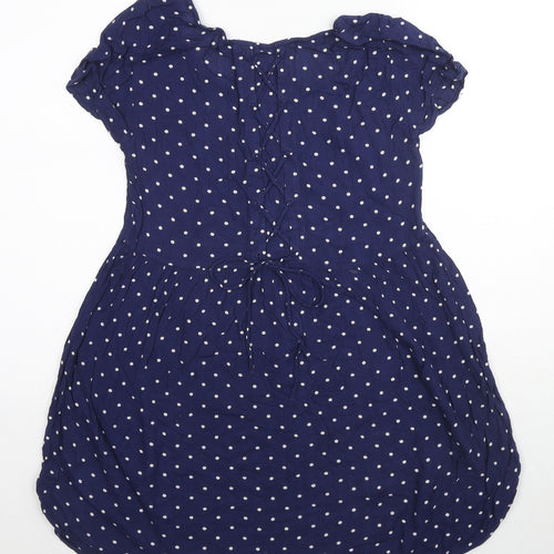 Divided by H&M Womens Blue Polka Dot Viscose A-Line Size 8 Round Neck Pullover - Lace Up Detail