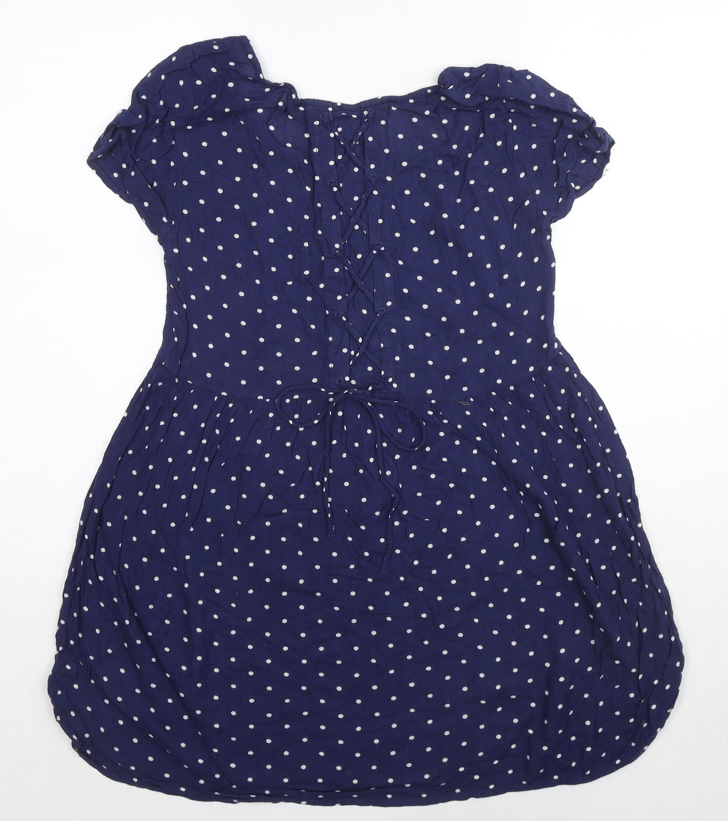 Divided by H&M Womens Blue Polka Dot Viscose A-Line Size 8 Round Neck Pullover - Lace Up Detail