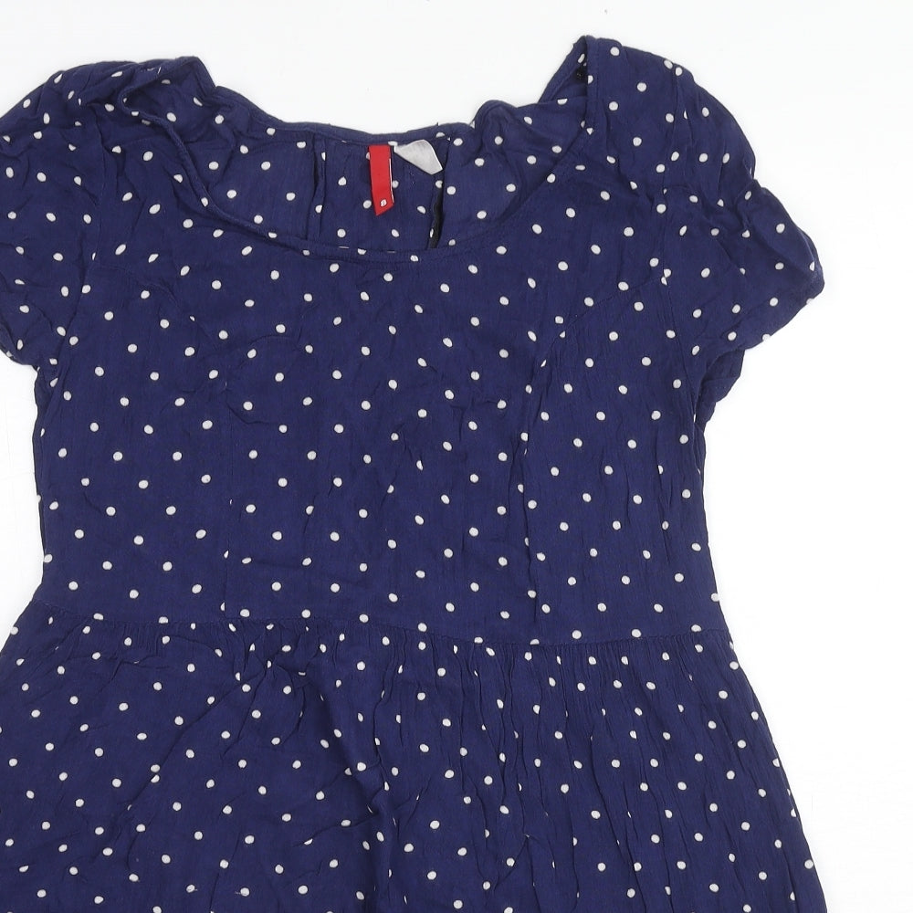 Divided by H&M Womens Blue Polka Dot Viscose A-Line Size 8 Round Neck Pullover - Lace Up Detail