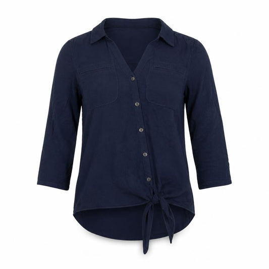 Front view of Sandwich women’s blue viscose basic button-up, size UK 6, collared - knot front