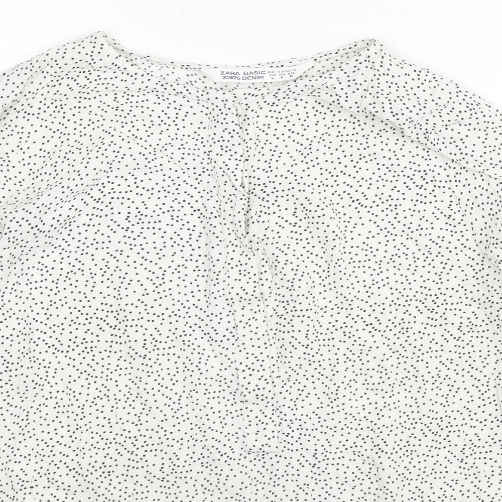 Zara Womens White Polka Dot Polyester Basic Blouse Size M Round Neck