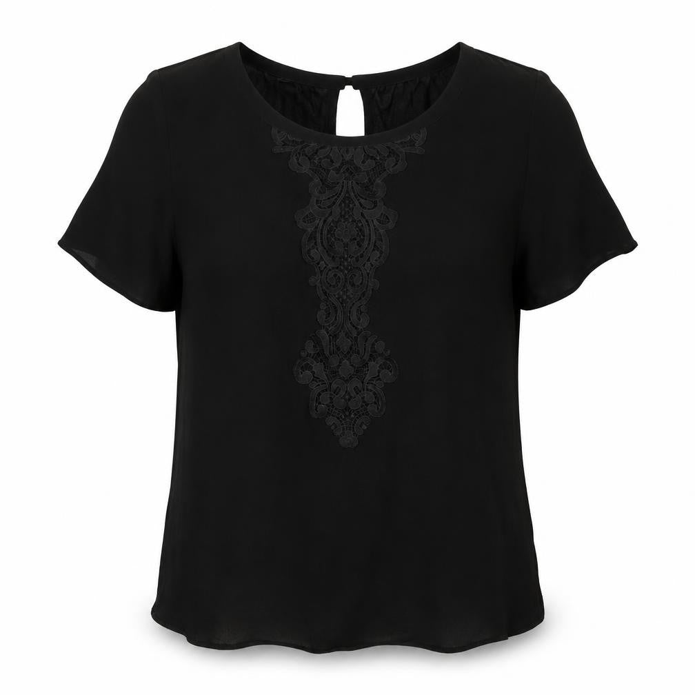 Front view of Marks & Spencer women’s black viscose basic blouse, size UK 10, v-neck