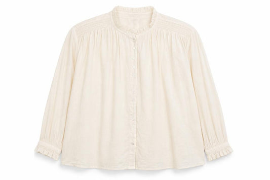 Front view of Damart women’s beige viscose basic button-up, size UK 18, mock neck