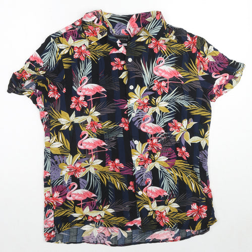 Red Herring Mens Multicoloured Geometric Viscose Button-Up Size S Collared Button - Flamingo Print