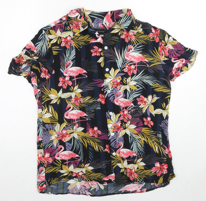 Red Herring Mens Multicoloured Geometric Viscose Button-Up Size S Collared Button - Flamingo Print