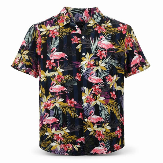 Front view of Red Herring men’s multicoloured geometric viscose button-up, size S, collared button - flamingo print