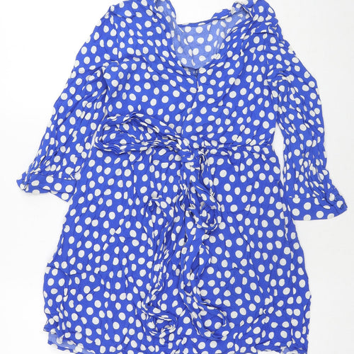 Zara Womens Blue Polka Dot Viscose A-Line Size S V-Neck Zip
