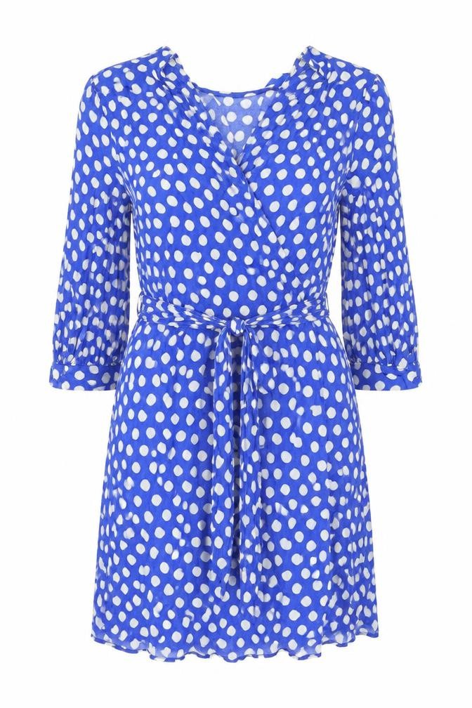 Front view of Zara women’s blue polka dot viscose a-line, size S, v-neck zip