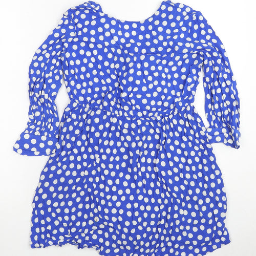 Zara Womens Blue Polka Dot Viscose A-Line Size S V-Neck Zip
