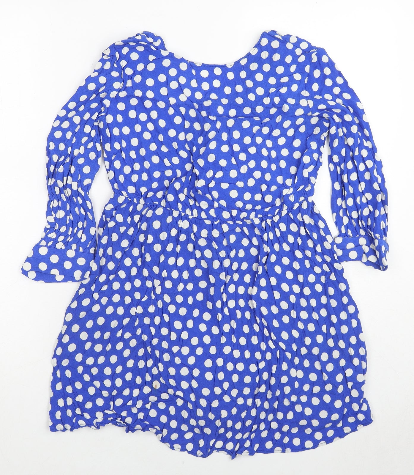 Zara Womens Blue Polka Dot Viscose A-Line Size S V-Neck Zip