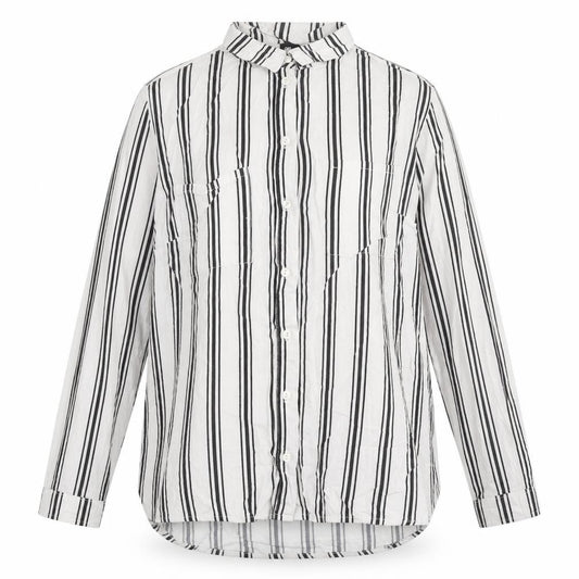Front view of Divided by H&M women’s white striped viscose basic button-up, size UK 6, collared