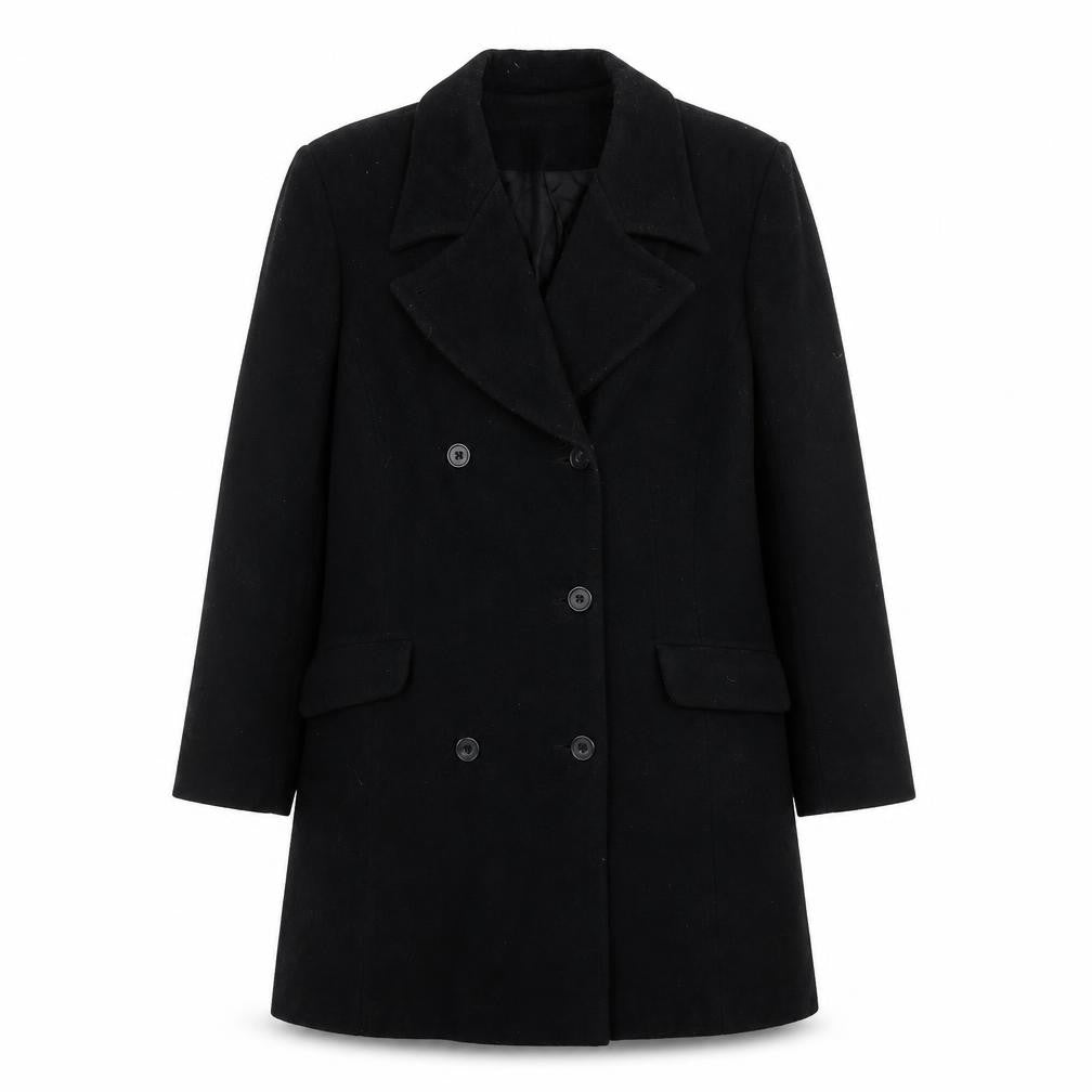 Front view of Charlotte Halton women’s black overcoat coat, size UK 12, button