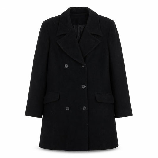 Front view of Charlotte Halton women’s black overcoat coat, size UK 12, button
