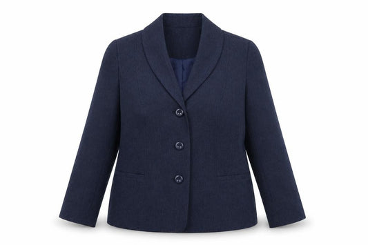 Front view of EWM women’s blue jacket blazer, size UK 12, button